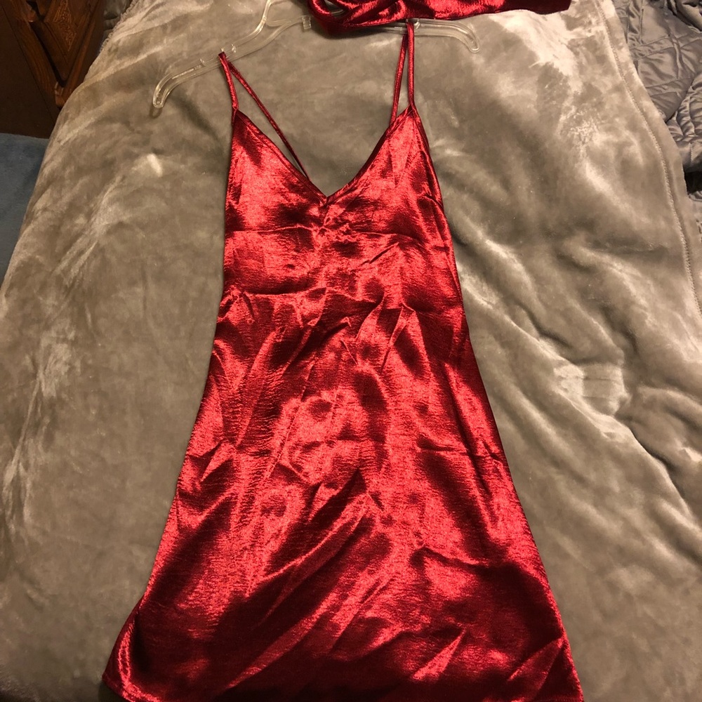 Wine red satin slip dress w/ satin choker scarf